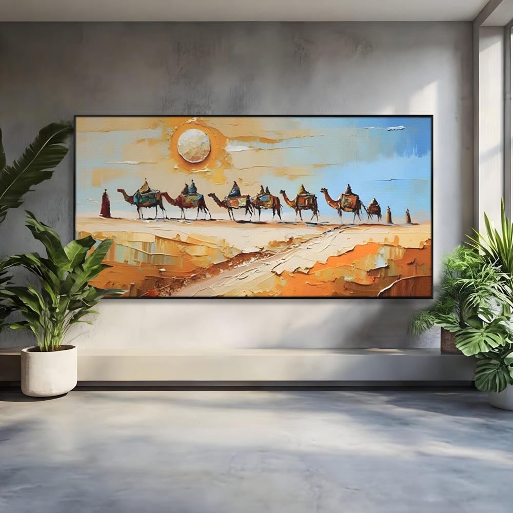 Tablou canvas cu pictura cu caravana de camile in desert, in rama de aluminiu negru